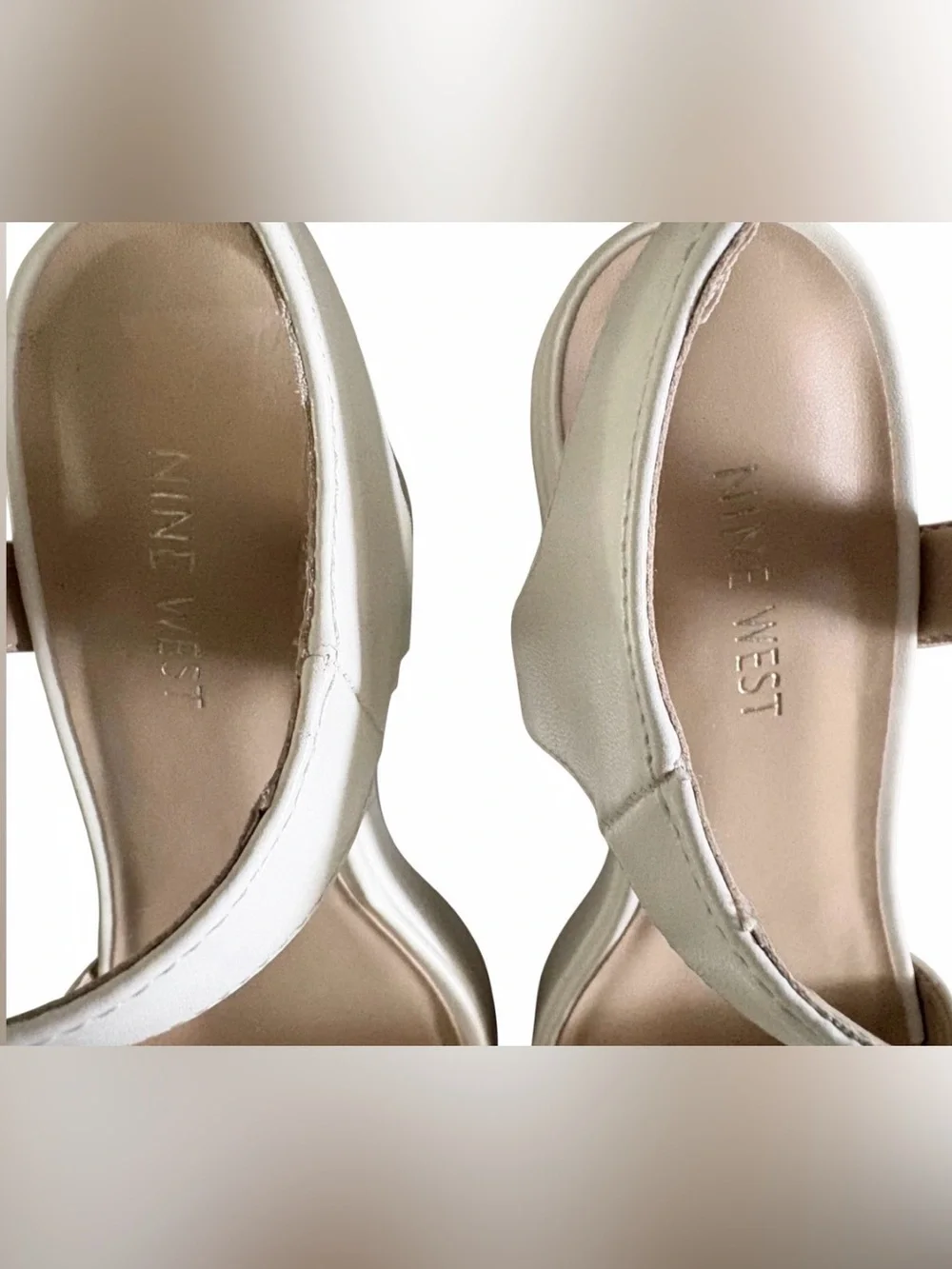 Nine West Cream Platform Sandals with Ankle Strap Chunky 4” Heels Size 8.5